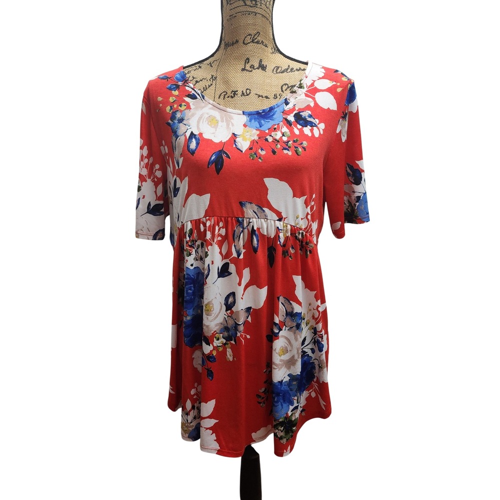 Paisley Grace Floral‎ Tunic Top Short Sleeve Red Blue White Casual